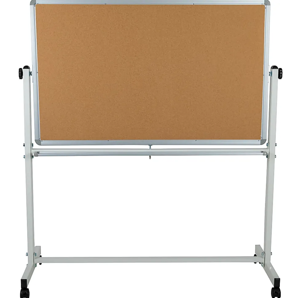 Flash Furniture Reversible Mobile Cork Board/Non-Magnetic Dry-Erase Whiteboard With Pen Tray, 59" x 53", Aluminum Frame With Silver Finish