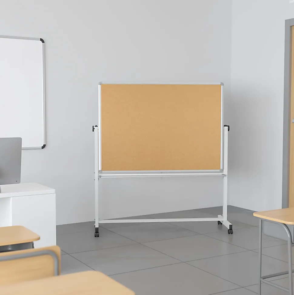Flash Furniture Reversible Mobile Cork Board/Non-Magnetic Dry-Erase Whiteboard With Pen Tray, 59" x 53", Aluminum Frame With Silver Finish