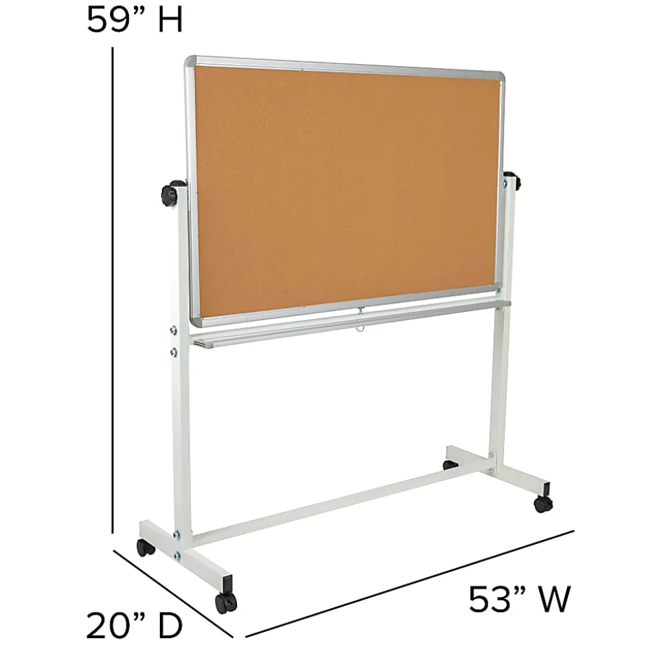 Flash Furniture Reversible Mobile Cork Board/Non-Magnetic Dry-Erase Whiteboard With Pen Tray, 59" x 53", Aluminum Frame With Silver Finish