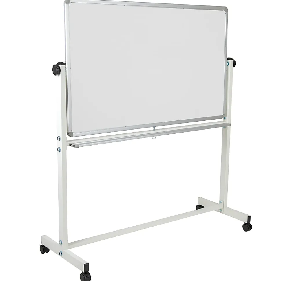 Flash Furniture Reversible Mobile Cork Board/Non-Magnetic Dry-Erase Whiteboard With Pen Tray, 59" x 53", Aluminum Frame With Silver Finish