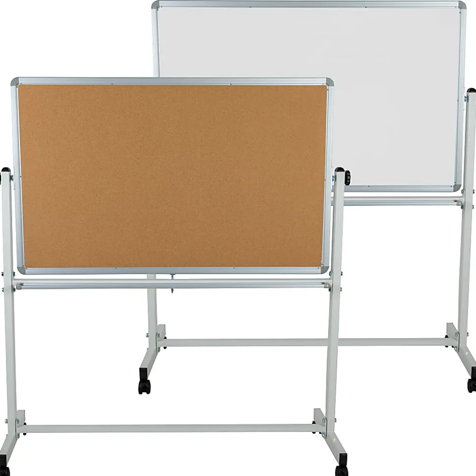 Flash Furniture Reversible Mobile Cork Board/Non-Magnetic Dry-Erase Whiteboard With Pen Tray, 59" x 53", Aluminum Frame With Silver Finish