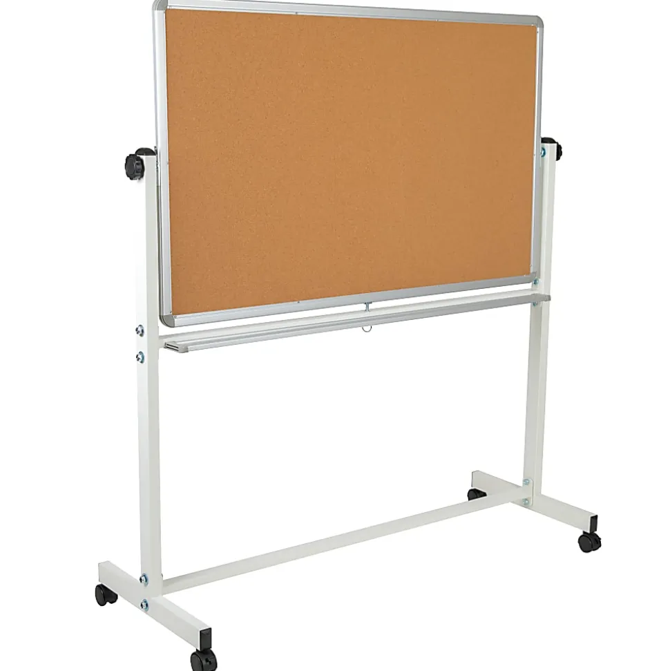 Flash Furniture Reversible Mobile Cork Board/Non-Magnetic Dry-Erase Whiteboard With Pen Tray, 59" x 53", Aluminum Frame With Silver Finish
