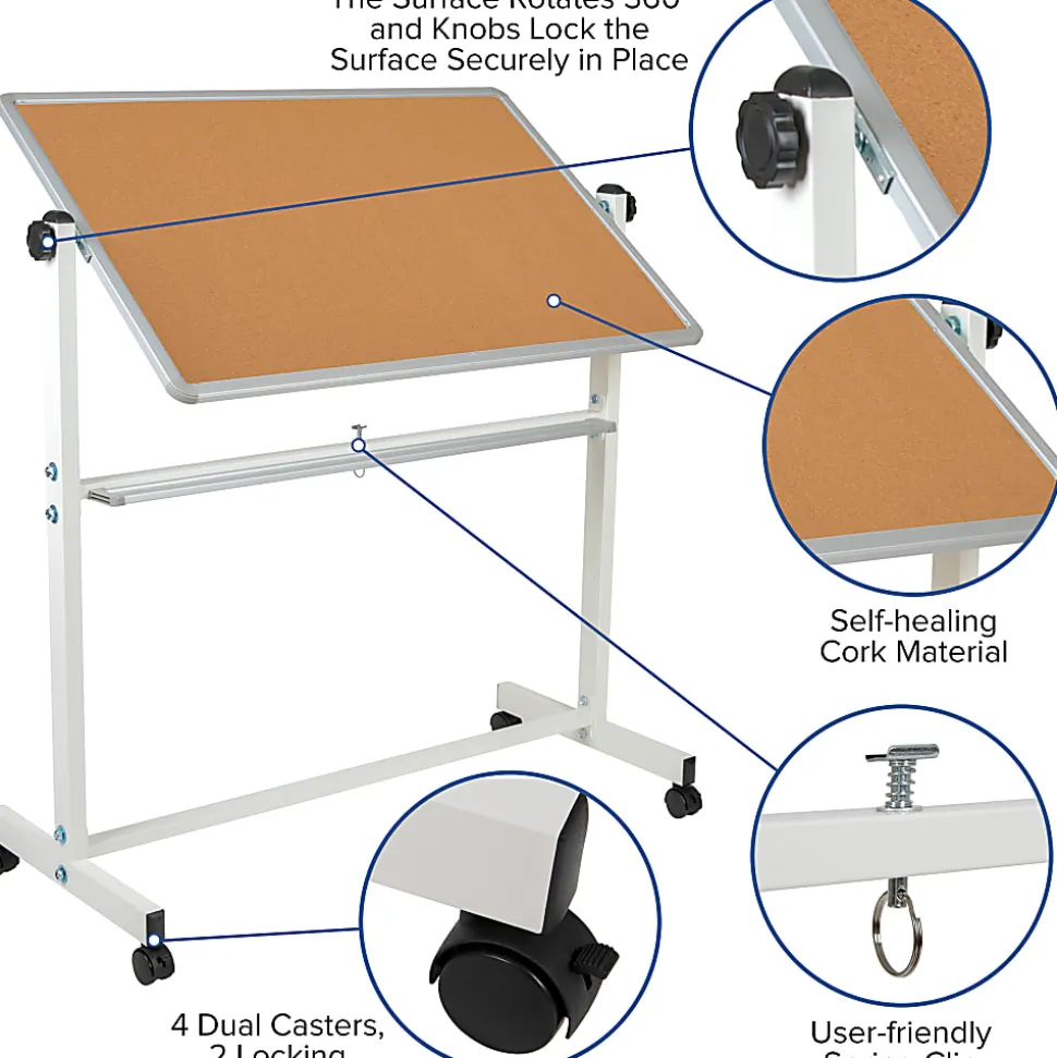 Flash Furniture Reversible Mobile Cork Board/Non-Magnetic Dry-Erase Whiteboard With Pen Tray, 59" x 53", Aluminum Frame With Silver Finish