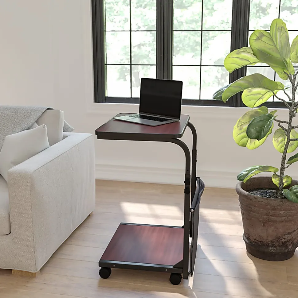 Flash Furniture Sit/Stand Ergonomic Computer Desk Mobile Workstation With Removable Pouch, 46-3/4"H x 24"W x 20"D, Mahogany