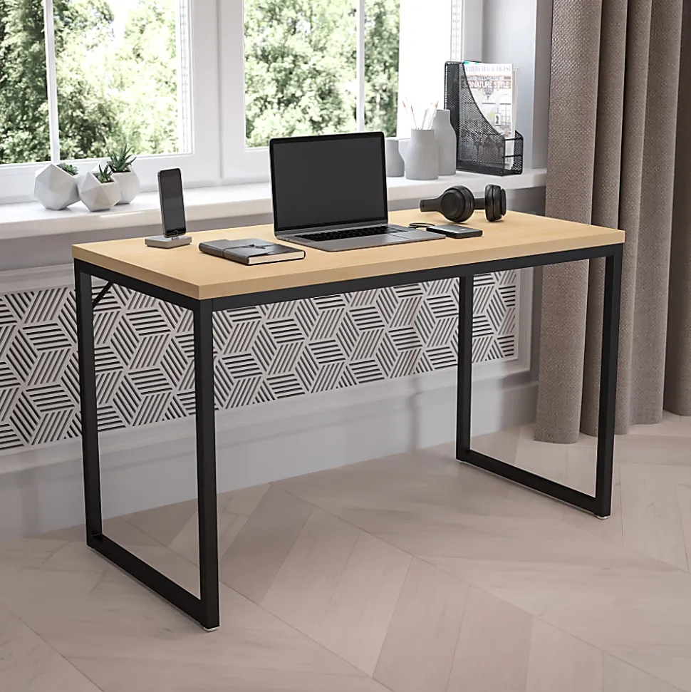 Flash Furniture 48"W Commercial-Grade Industrial Office Computer Desk, Maple/Black