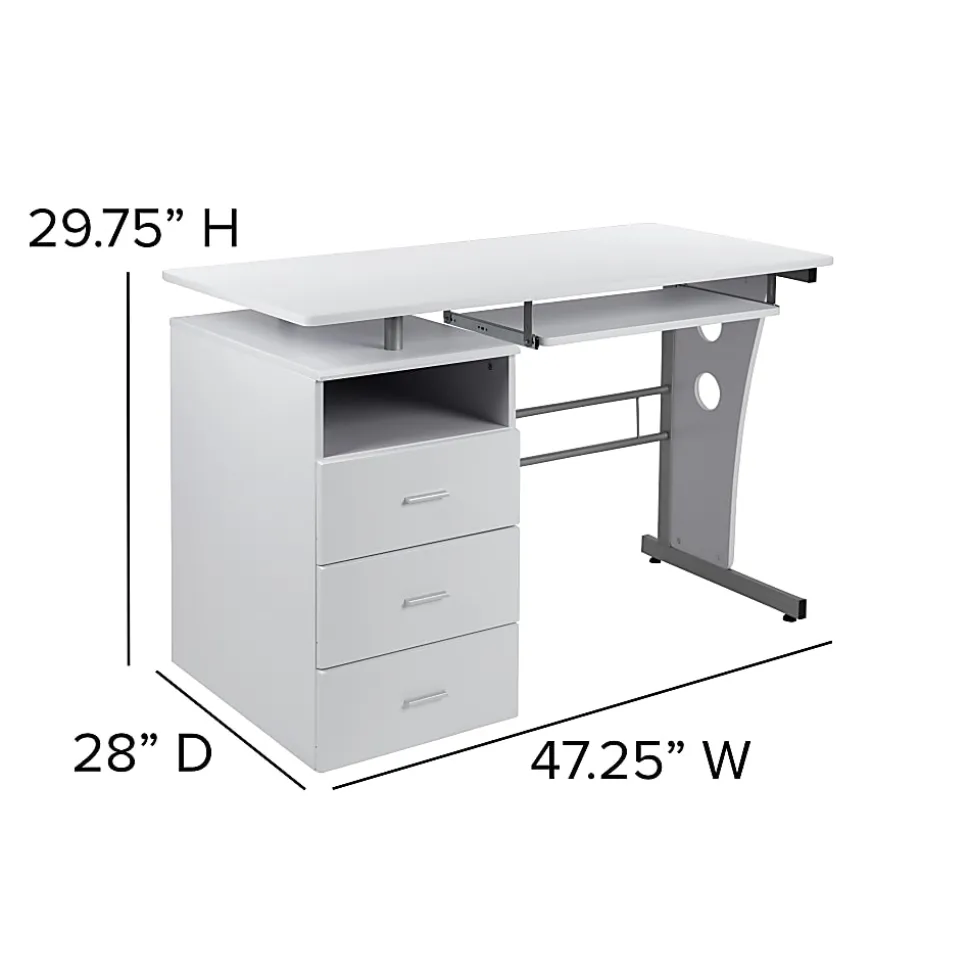 Flash Furniture 48"W Computer Desk With 3-Drawer Single Pedestal, White