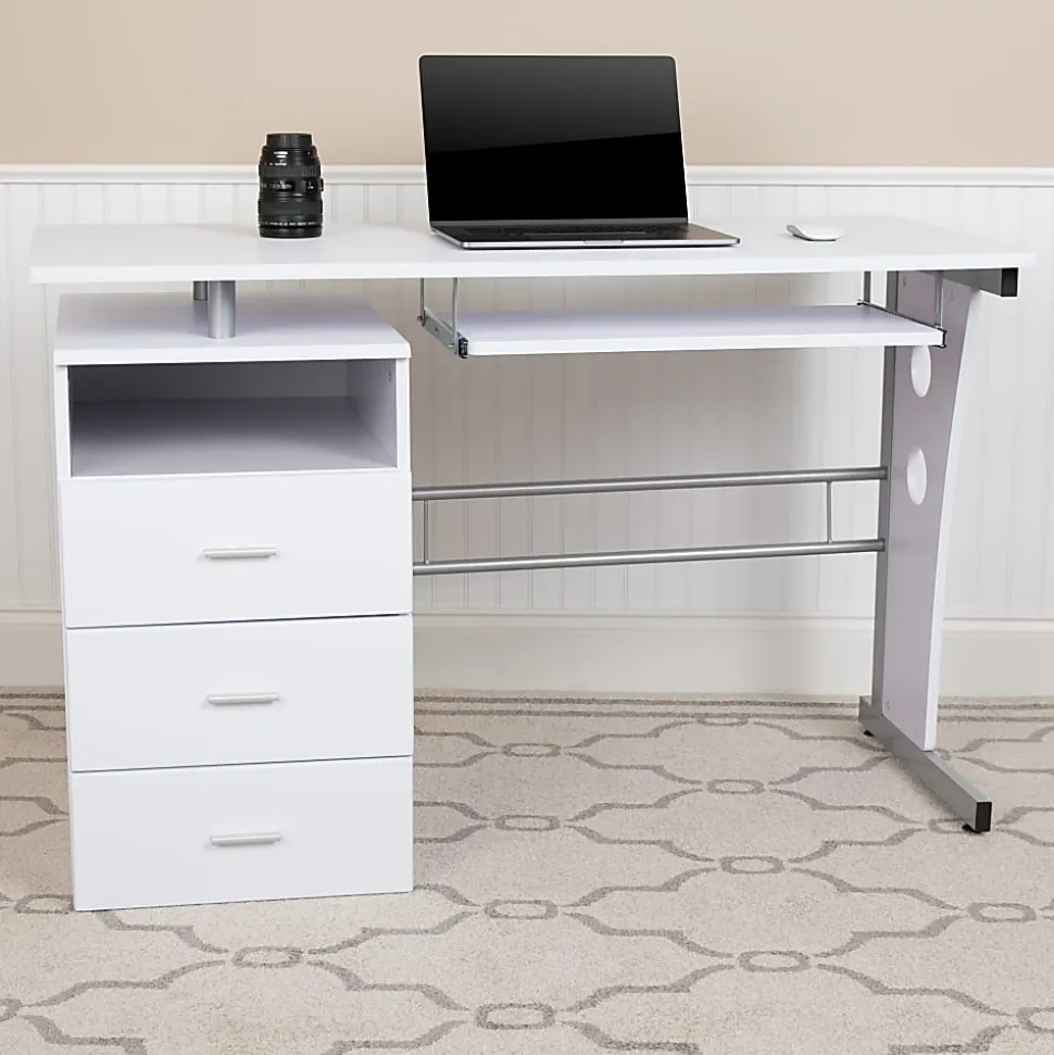 Flash Furniture 48"W Computer Desk With 3-Drawer Single Pedestal, White