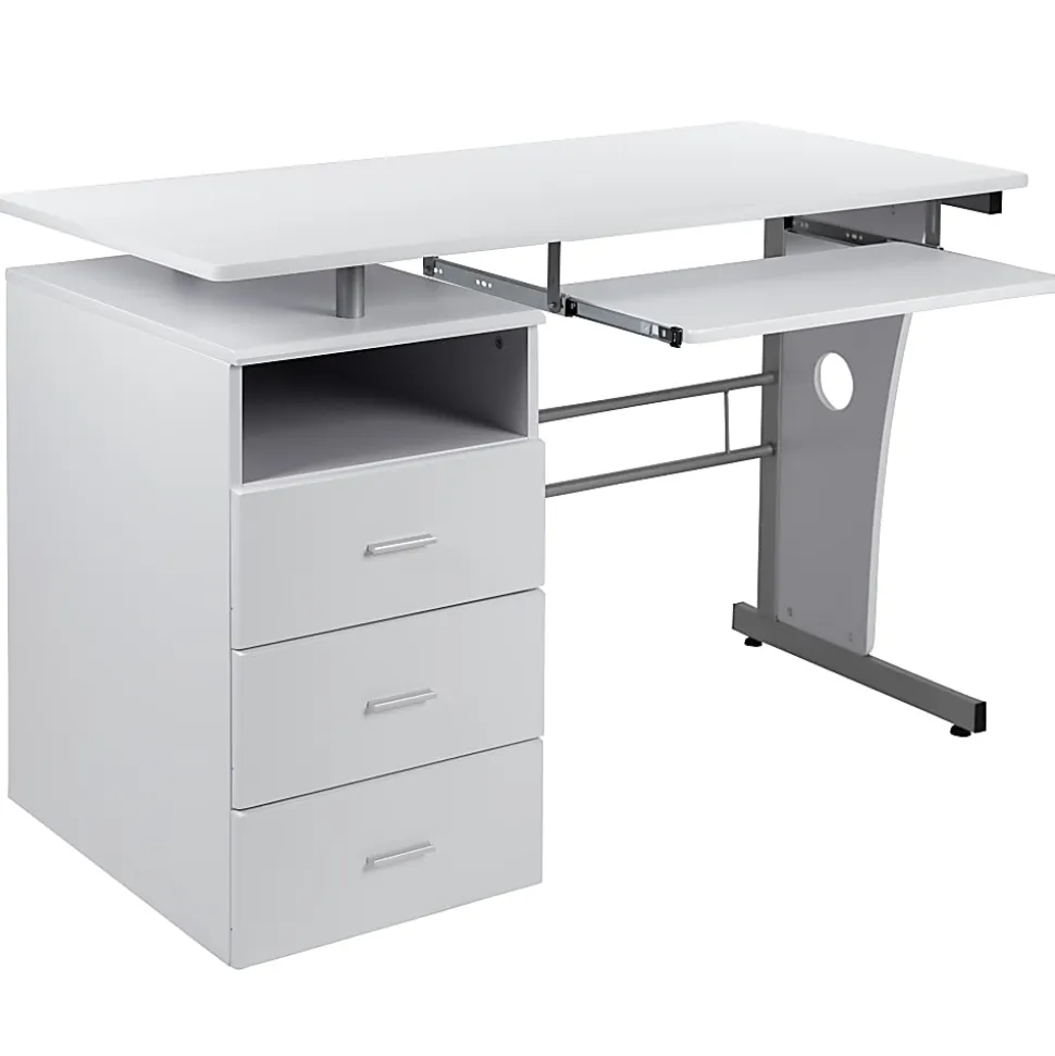 Flash Furniture 48"W Computer Desk With 3-Drawer Single Pedestal, White