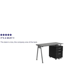 Flash Furniture 48"W Glass Computer Desk With 3- Drawer Pedestal, Black/Clear