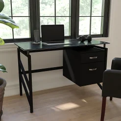 Flash Furniture 46"W Glass Computer Desk With 2- Drawer Pedestal, Black/Clear