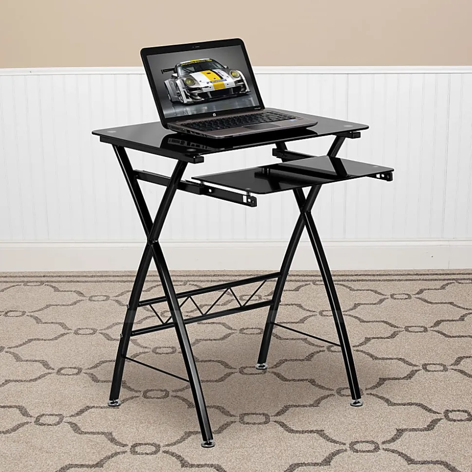 Flash Furniture 24"W Glass Computer Desk With Pull-Out Keyboard Tray, Black