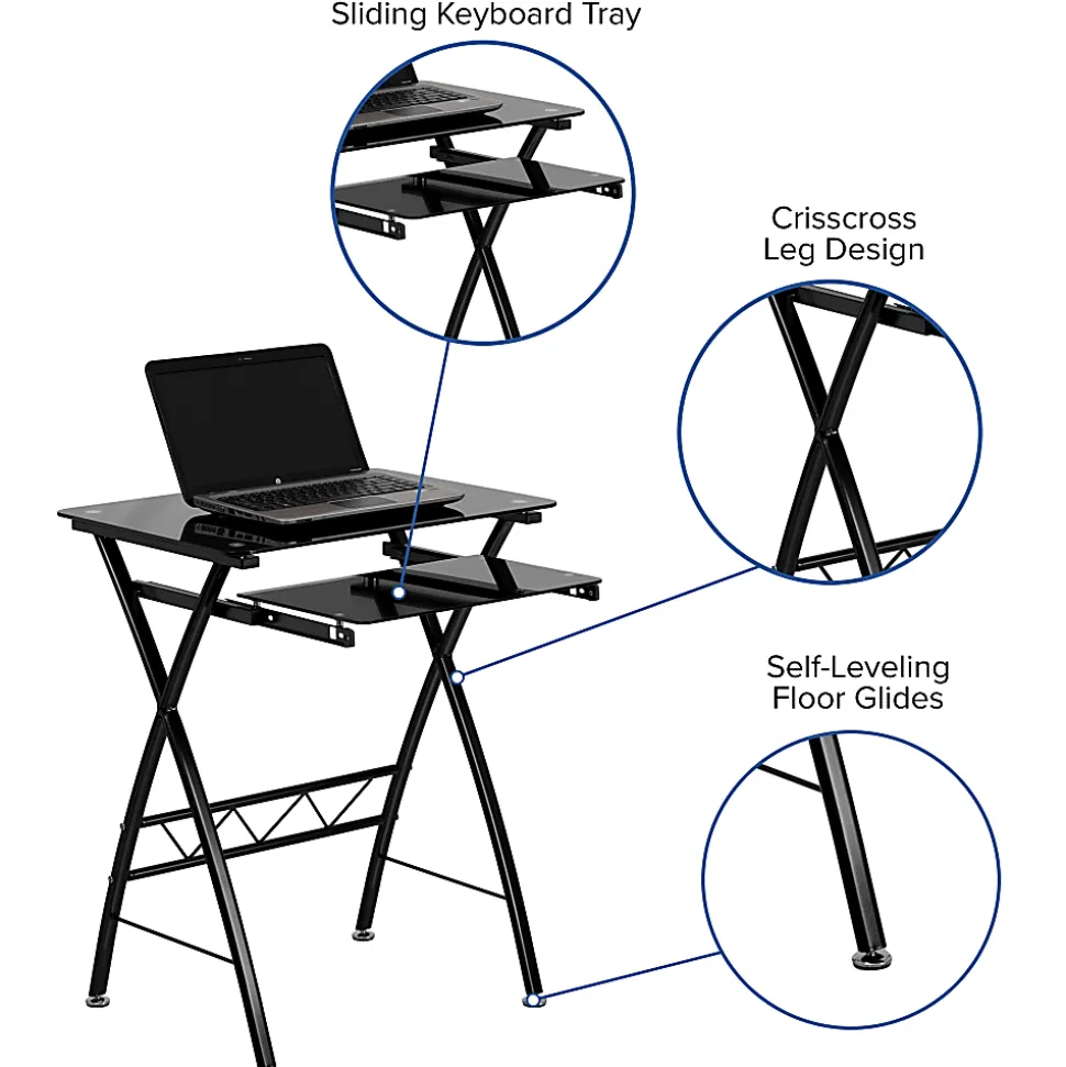 Flash Furniture 24"W Glass Computer Desk With Pull-Out Keyboard Tray, Black