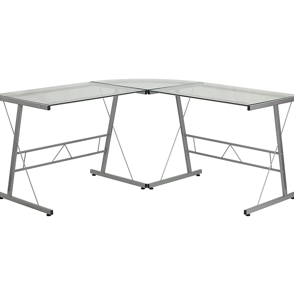 Flash Furniture 84"W Glass L-Shaped Corner Computer Desk With Metal Frame, Silver/Clear