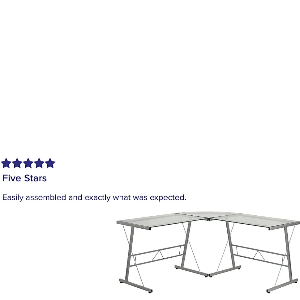 Flash Furniture 84"W Glass L-Shaped Corner Computer Desk With Metal Frame, Silver/Clear