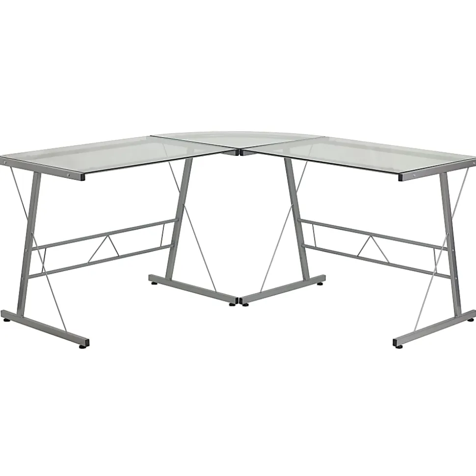 Flash Furniture 84"W Glass L-Shaped Corner Computer Desk With Metal Frame, Silver/Clear