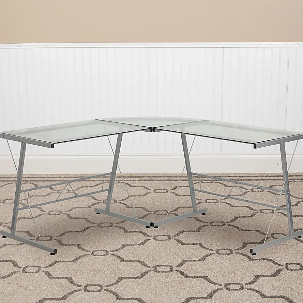 Flash Furniture 84"W Glass L-Shaped Corner Computer Desk With Metal Frame, Silver/Clear