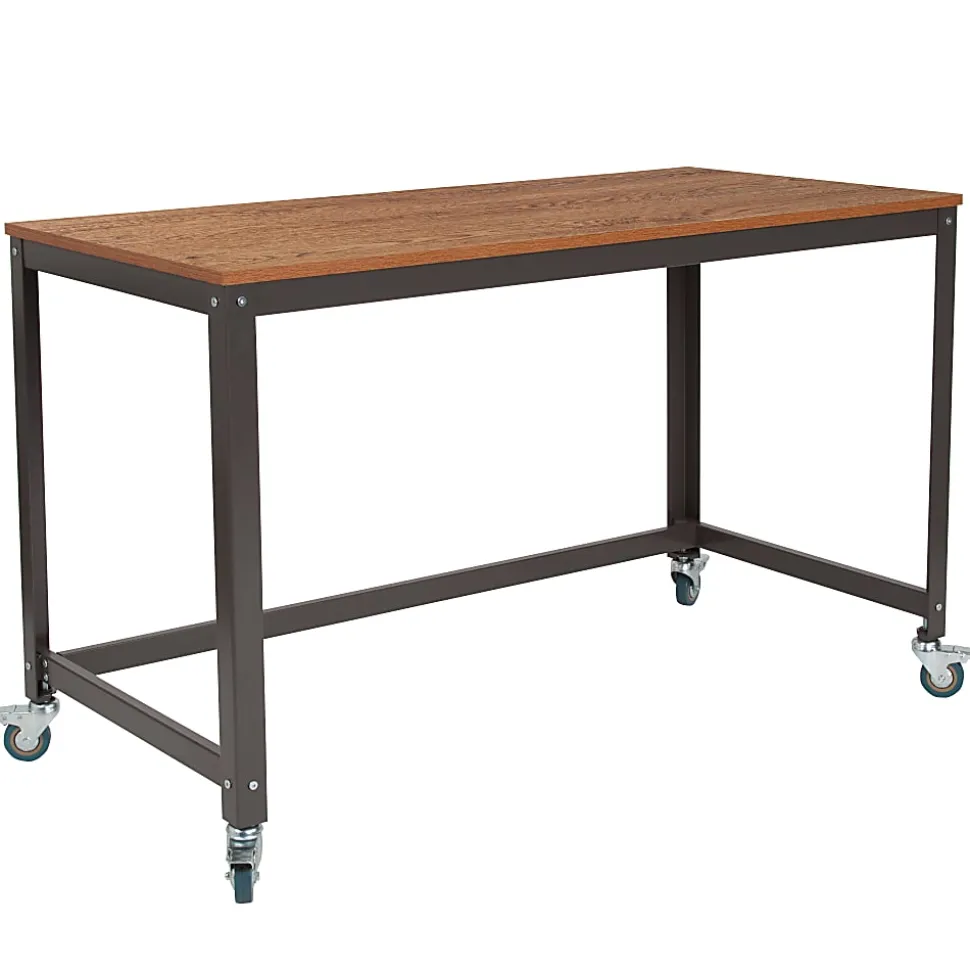 Flash Furniture 47-1/4"W Wheeled Computer Table, Brown Oak/Black
