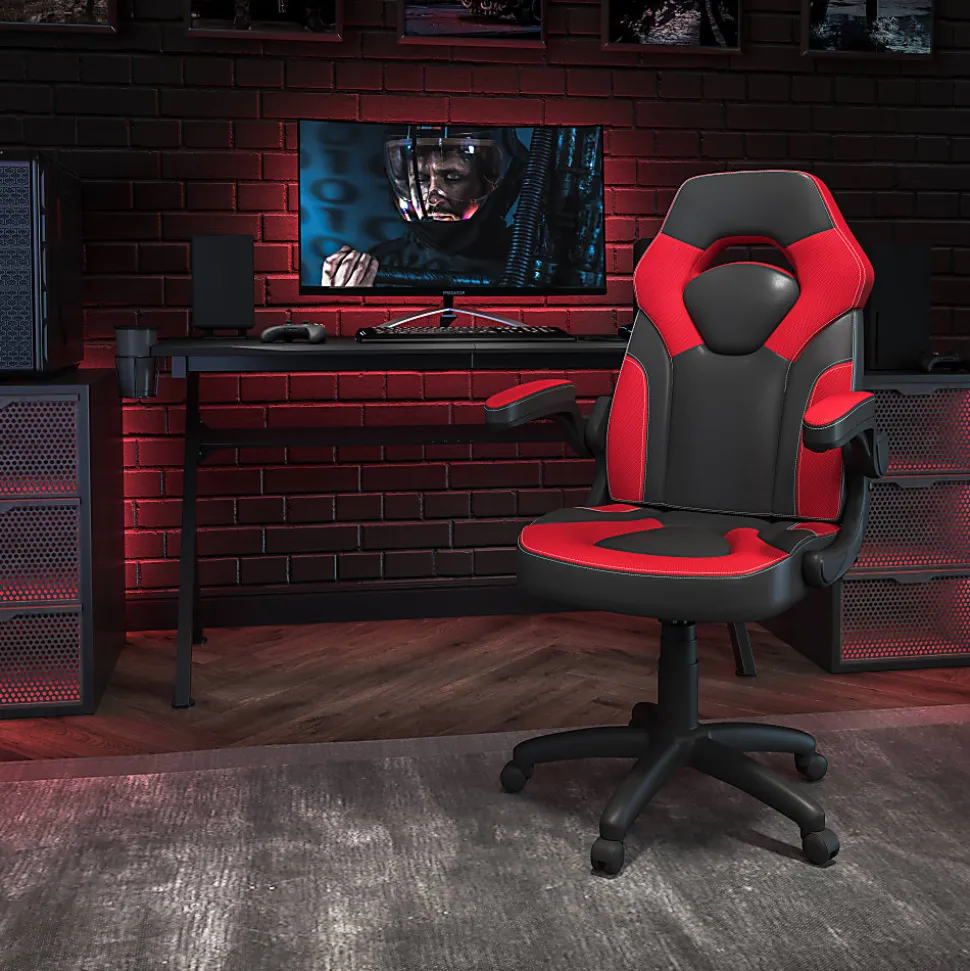 Flash Furniture X10 Ergonomic LeatherSoft™ Faux Leather High-Back Racing Gaming Chair With Flip-Up Arms, Red/Black
