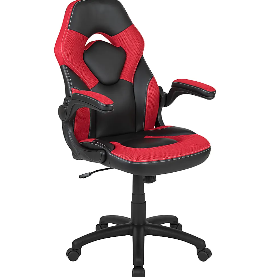 Flash Furniture X10 Ergonomic LeatherSoft™ Faux Leather High-Back Racing Gaming Chair With Flip-Up Arms, Red/Black