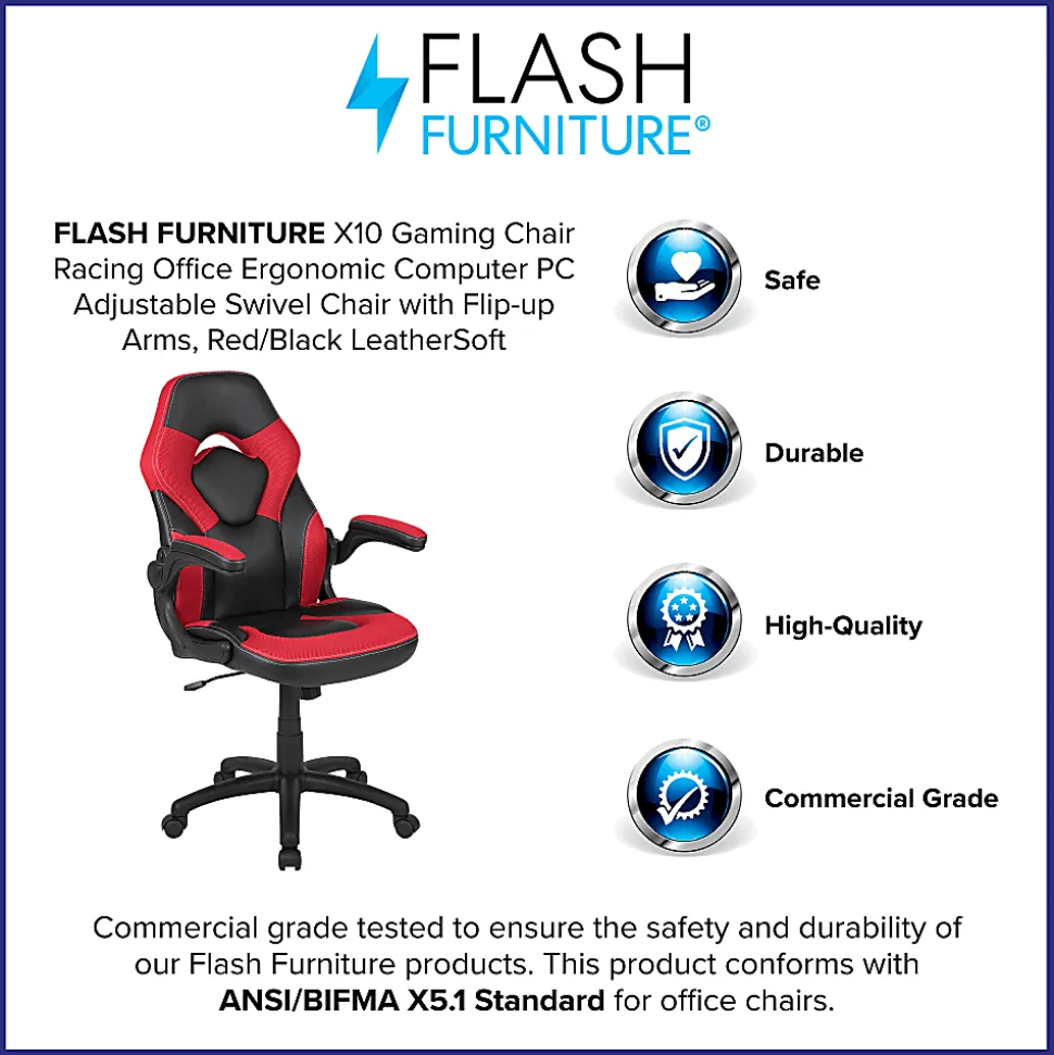 Flash Furniture X10 Ergonomic LeatherSoft™ Faux Leather High-Back Racing Gaming Chair With Flip-Up Arms, Red/Black