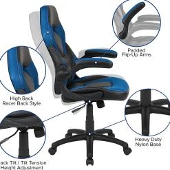 Flash Furniture X10 Ergonomic LeatherSoft™ Faux Leather High-Back Racing Gaming Chair With Flip-Up Arms, Blue/Black
