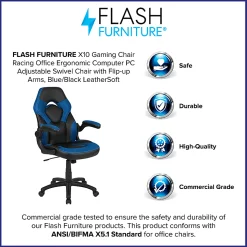 Flash Furniture X10 Ergonomic LeatherSoft™ Faux Leather High-Back Racing Gaming Chair With Flip-Up Arms, Blue/Black