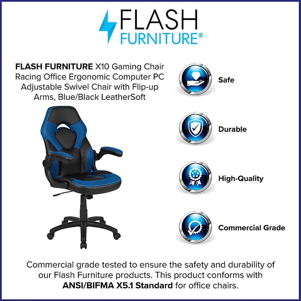 Flash Furniture X10 Ergonomic LeatherSoft™ Faux Leather High-Back Racing Gaming Chair With Flip-Up Arms, Blue/Black