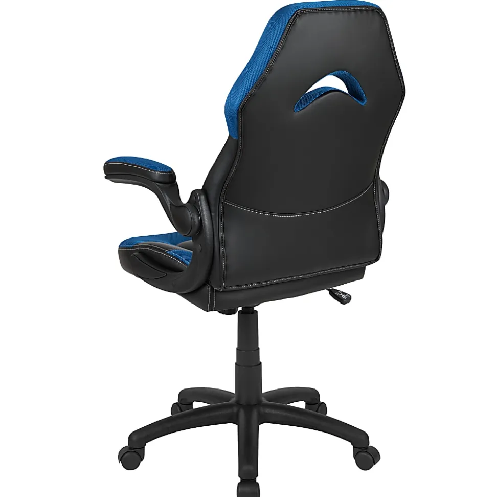 Flash Furniture X10 Ergonomic LeatherSoft™ Faux Leather High-Back Racing Gaming Chair With Flip-Up Arms, Blue/Black