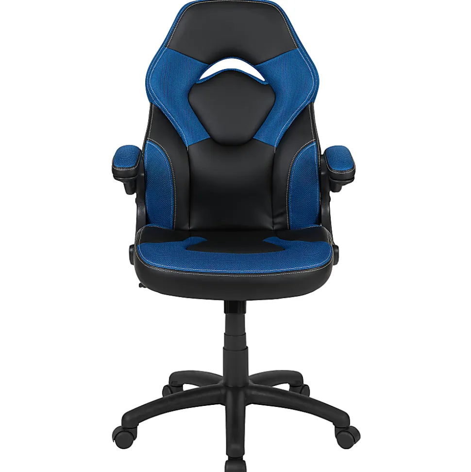 Flash Furniture X10 Ergonomic LeatherSoft™ Faux Leather High-Back Racing Gaming Chair With Flip-Up Arms, Blue/Black