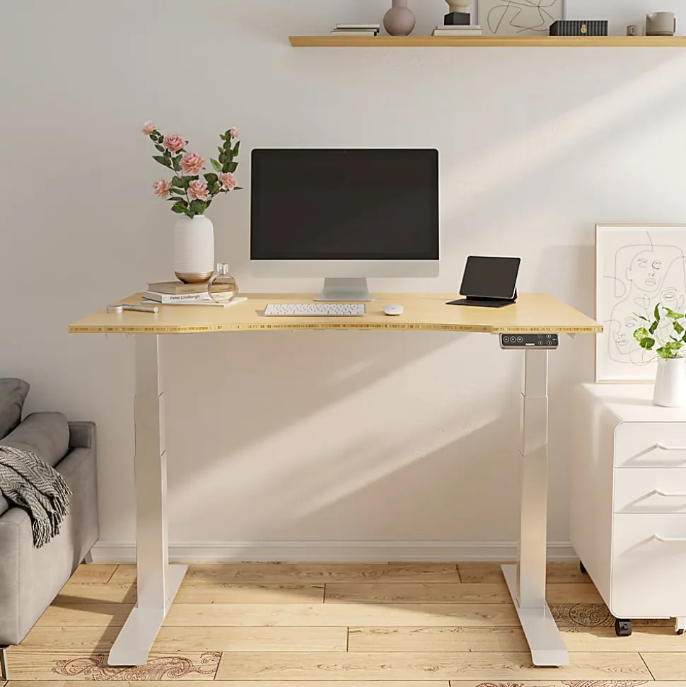 FlexiSpot E7 Electric 55"W Height-Adjustable Standing Desk, Bamboo/White