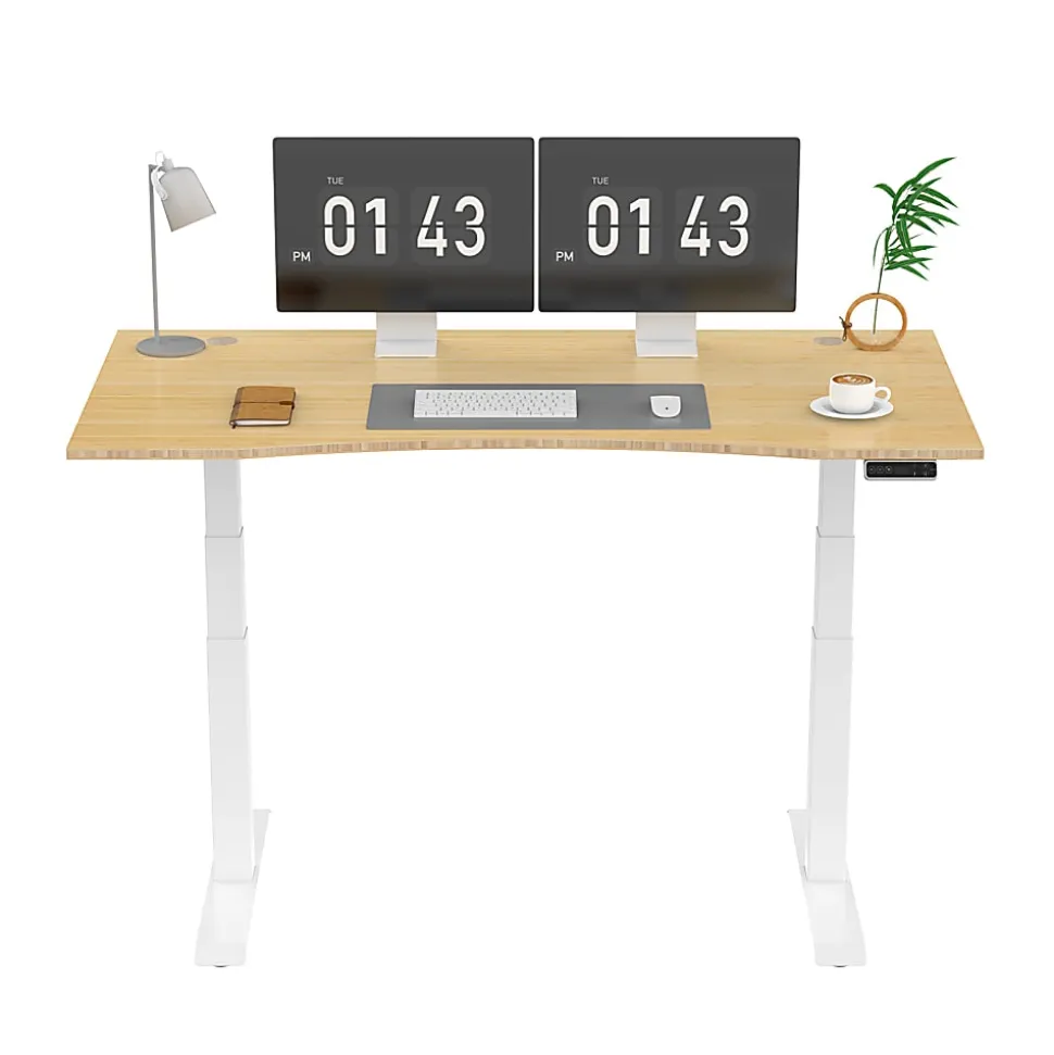 FlexiSpot E7 Electric 60"W Height-Adjustable Standing Desk, Bamboo/White