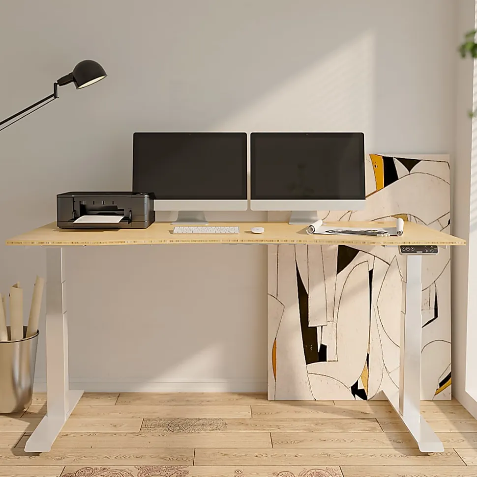 FlexiSpot E7 Electric 60"W Height-Adjustable Standing Desk, Bamboo/White