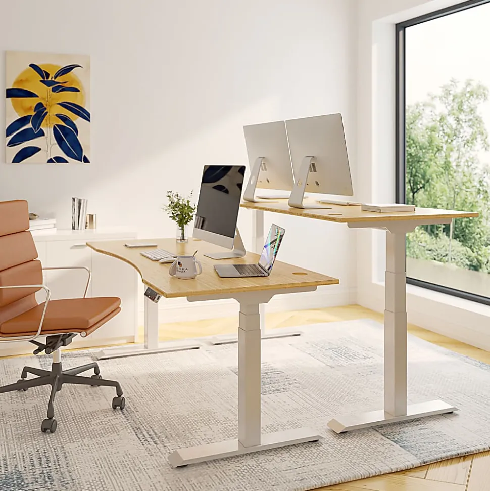 FlexiSpot E7 Electric 72"W Height-Adjustable Standing Desk, Bamboo/White