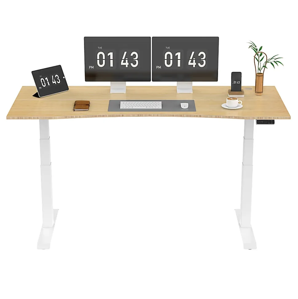 FlexiSpot E7 Electric 72"W Height-Adjustable Standing Desk, Bamboo/White