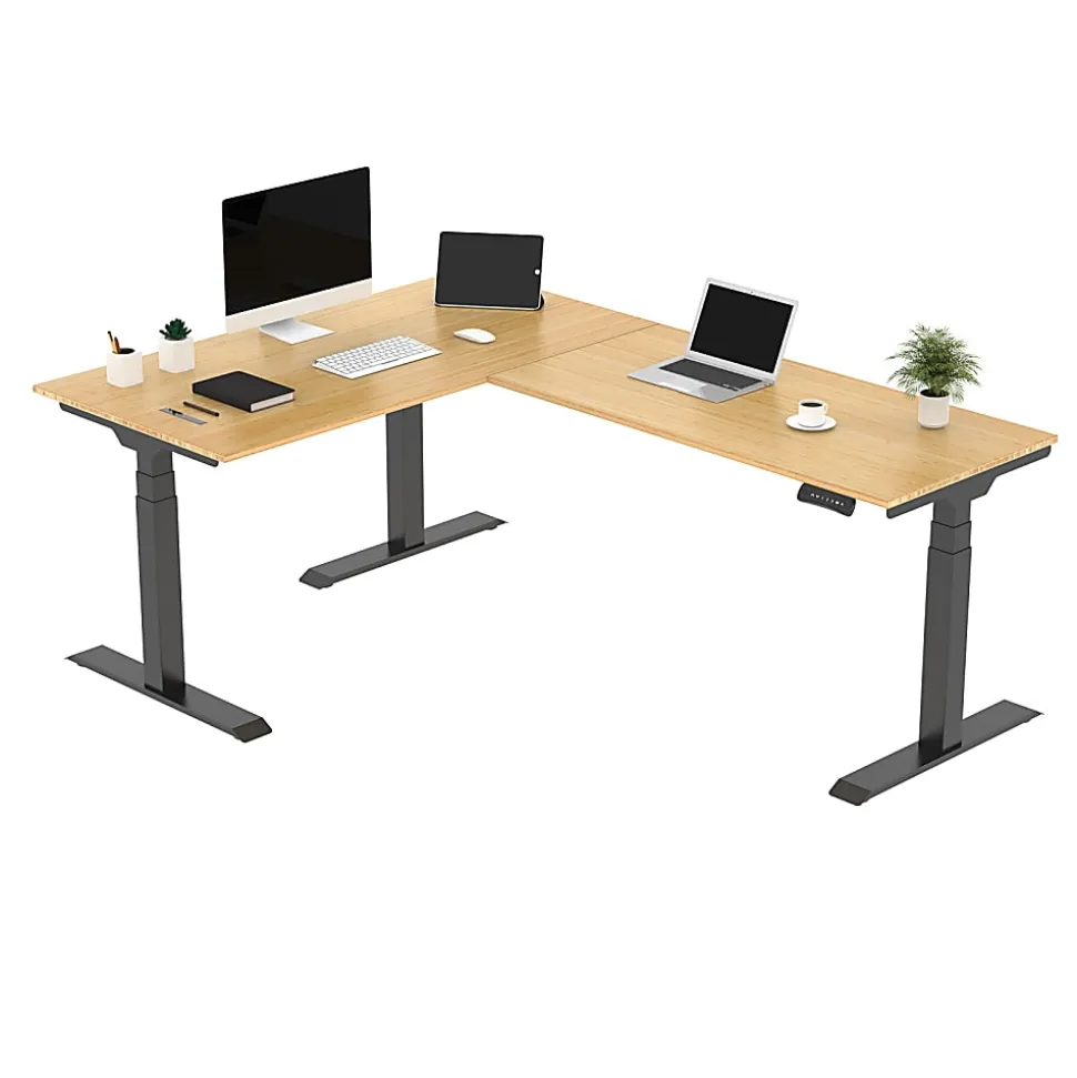 FlexiSpot E7L 76"W L-Shaped Electric Height-Adjustable Standing Desk, Bamboo/Black