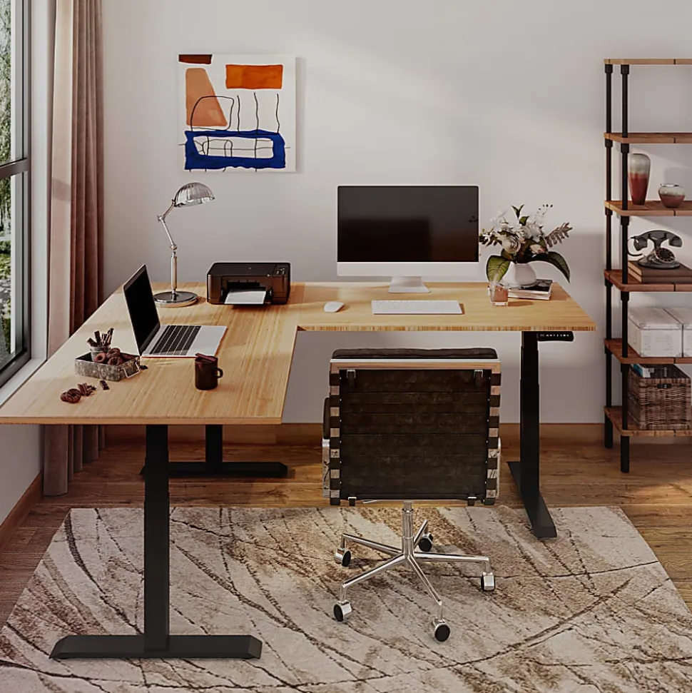 FlexiSpot E7L 76"W L-Shaped Electric Height-Adjustable Standing Desk, Bamboo/Black
