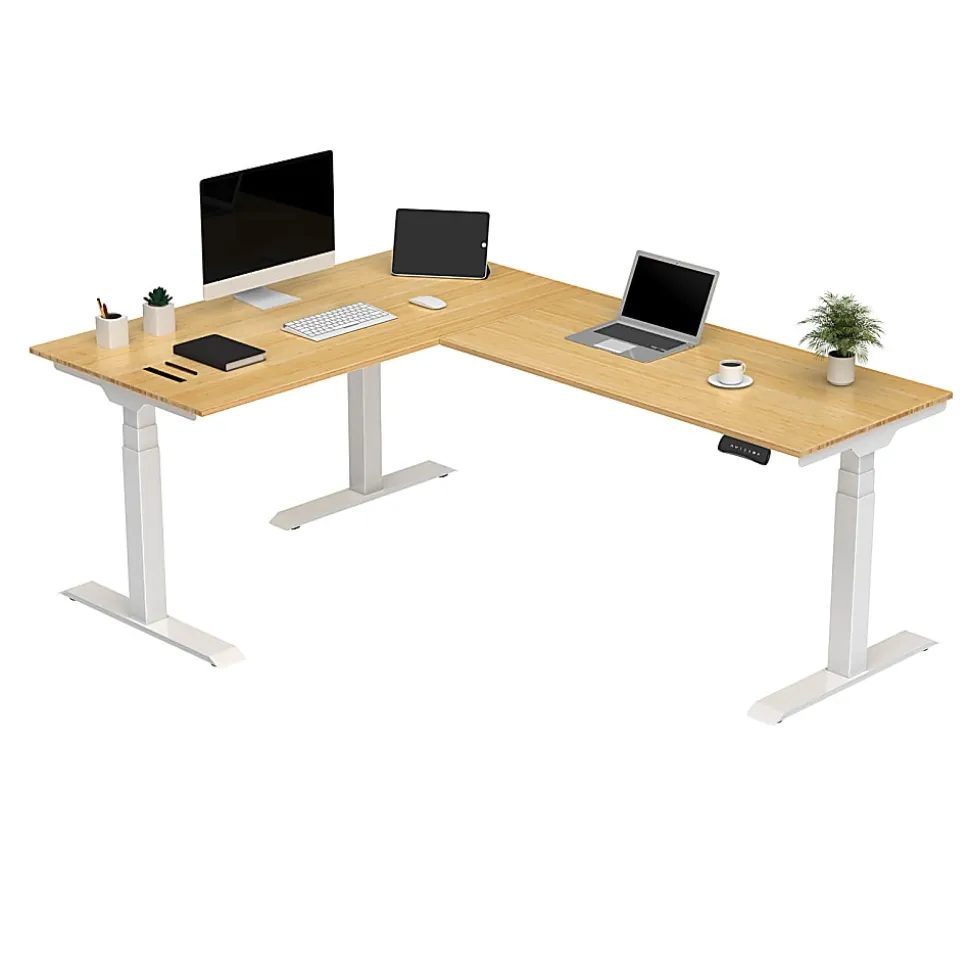 FlexiSpot E7L 76"W L-Shaped Electric Height-Adjustable Standing Desk, Bamboo/White