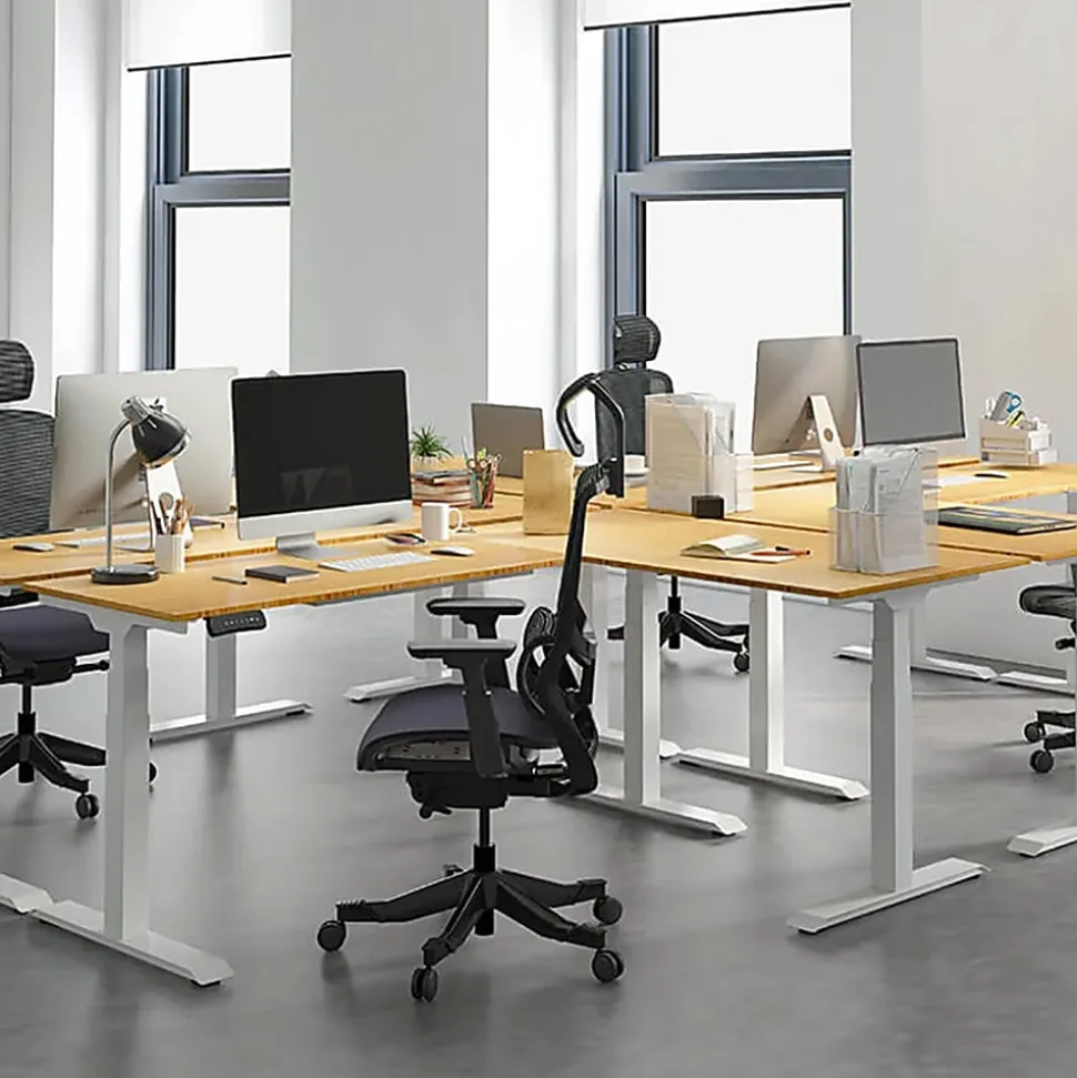FlexiSpot E7L 76"W L-Shaped Electric Height-Adjustable Standing Desk, Bamboo/White