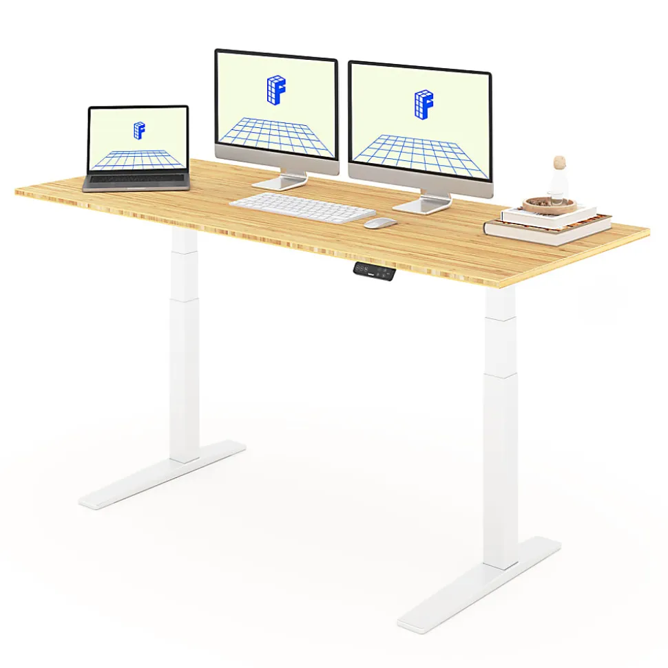 FlexiSpot E7 Pro Electric 72”W Adjustable Height Standing Desk, White/Bamboo