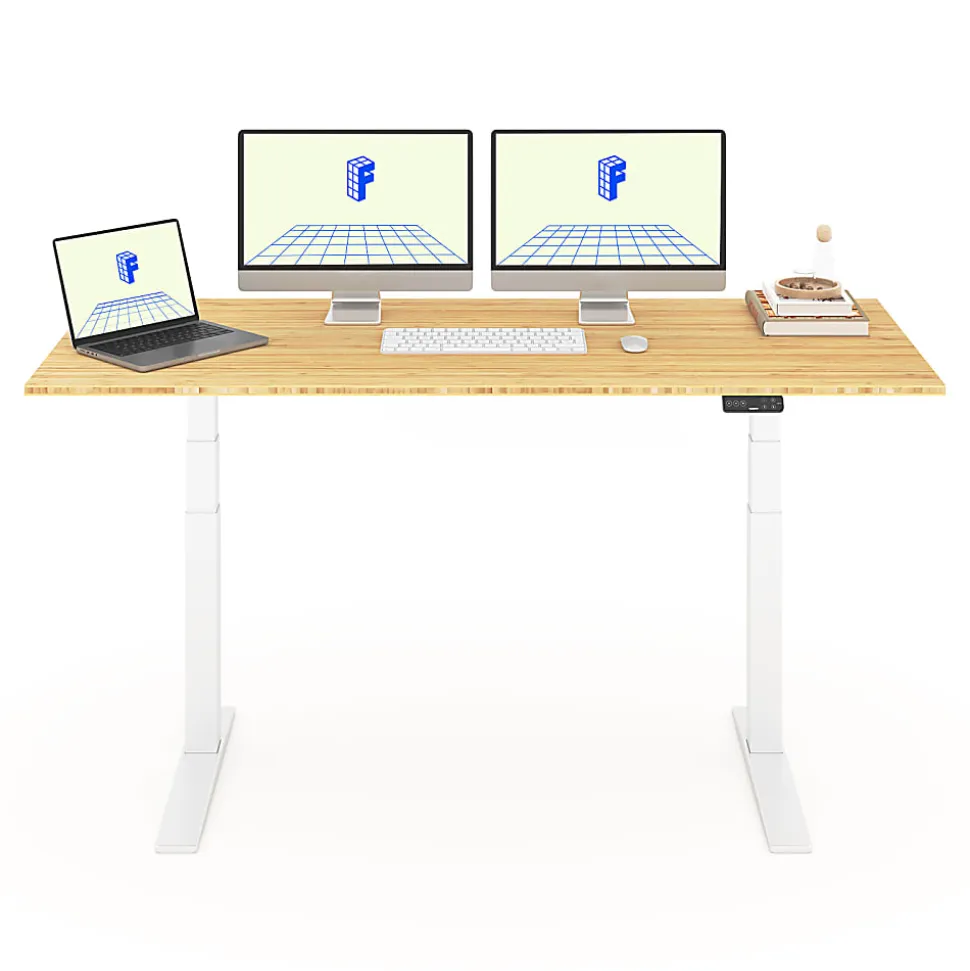 FlexiSpot E7 Pro Electric 72”W Adjustable Height Standing Desk, White/Bamboo