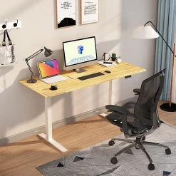 FlexiSpot E7 Pro Electric 72”W Adjustable Height Standing Desk, White/Bamboo