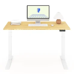 FlexiSpot E7 Pro Electric 55”W Adjustable Height Standing Desk, White/Bamboo