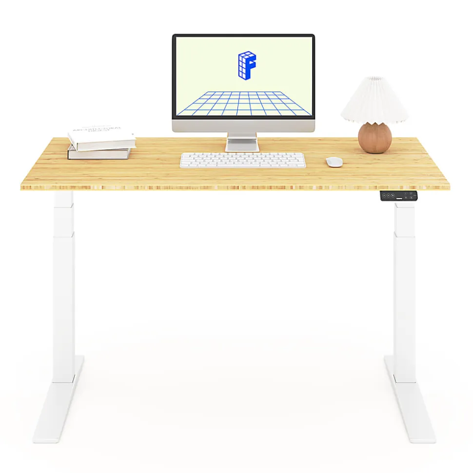 FlexiSpot E7 Pro Electric 55”W Adjustable Height Standing Desk, White/Bamboo