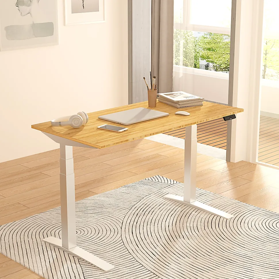 FlexiSpot E7 Pro Electric 55”W Adjustable Height Standing Desk, White/Bamboo