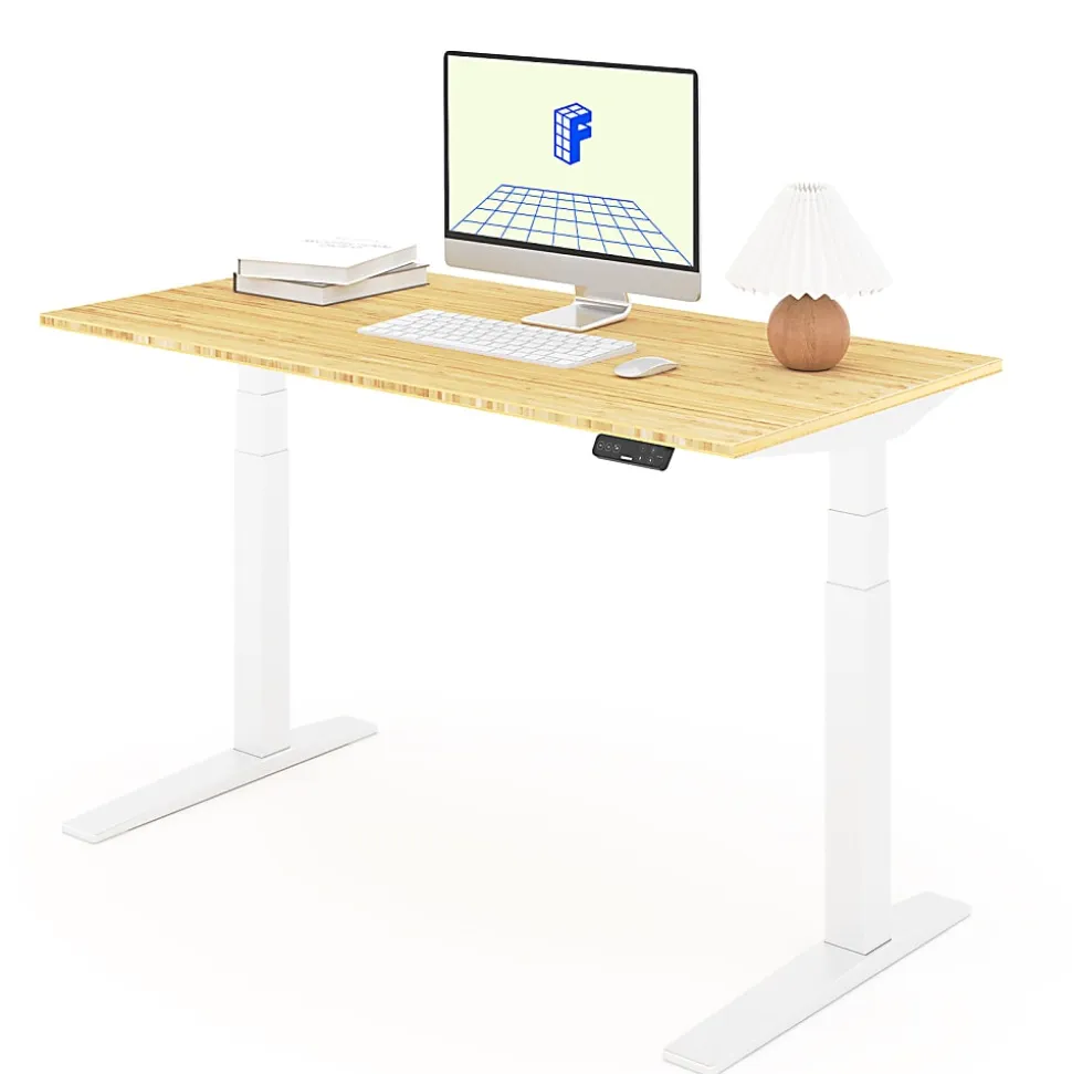 FlexiSpot E7 Pro Electric 55”W Adjustable Height Standing Desk, White/Bamboo