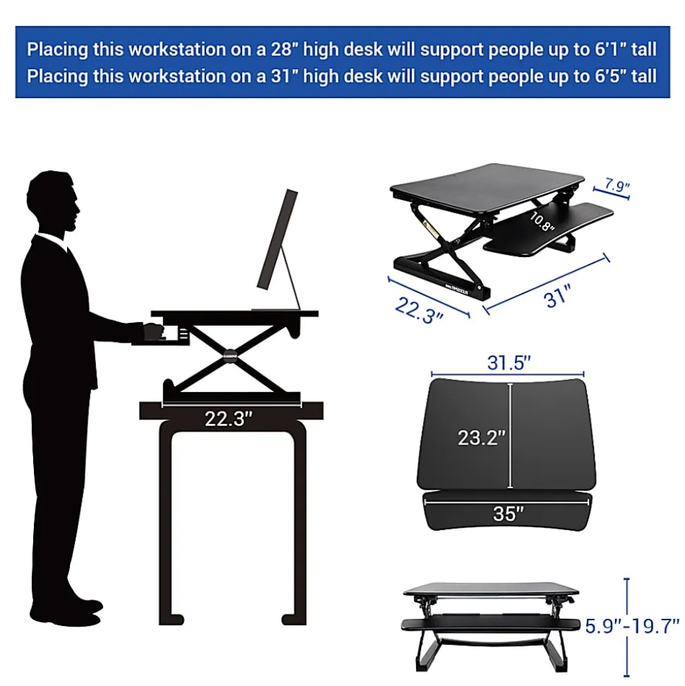 FlexiSpot M2 Height-Adjustable Standing Desk Riser With Removable Keyboard Tray, 19-3/4"H x 35"W x 23-1/4"D, Black