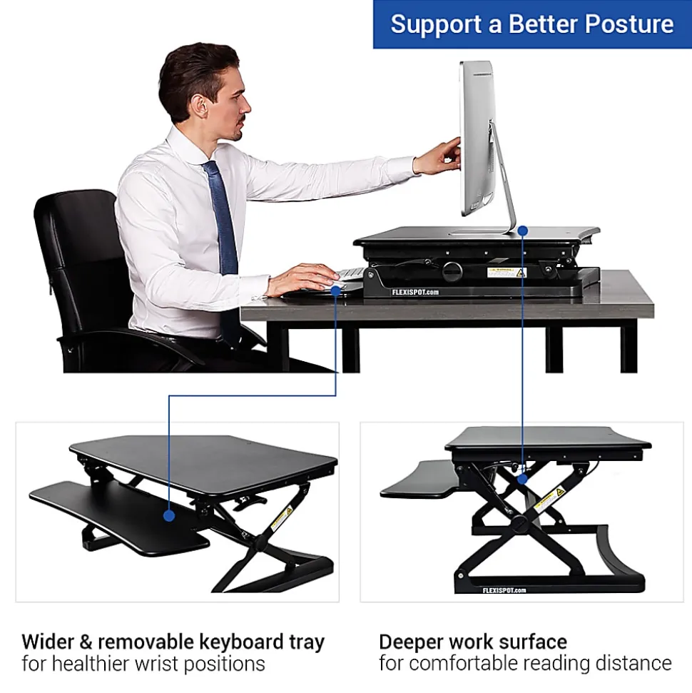 FlexiSpot M2 Height-Adjustable Standing Desk Riser With Removable Keyboard Tray, 19-3/4"H x 35"W x 23-1/4"D, Black
