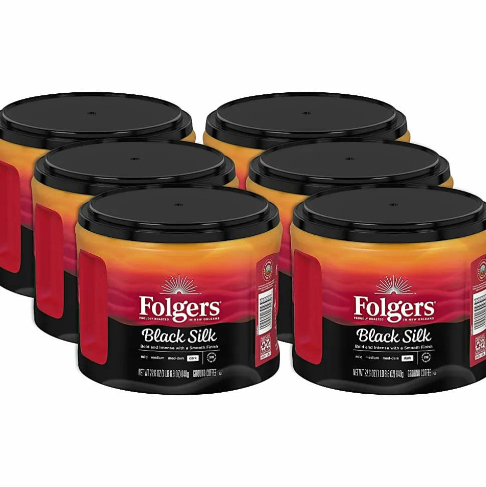 Folgers Black Silk Ground Canister Coffee, Dark Roast, Case Of 6, 24.2 Oz Per Canister