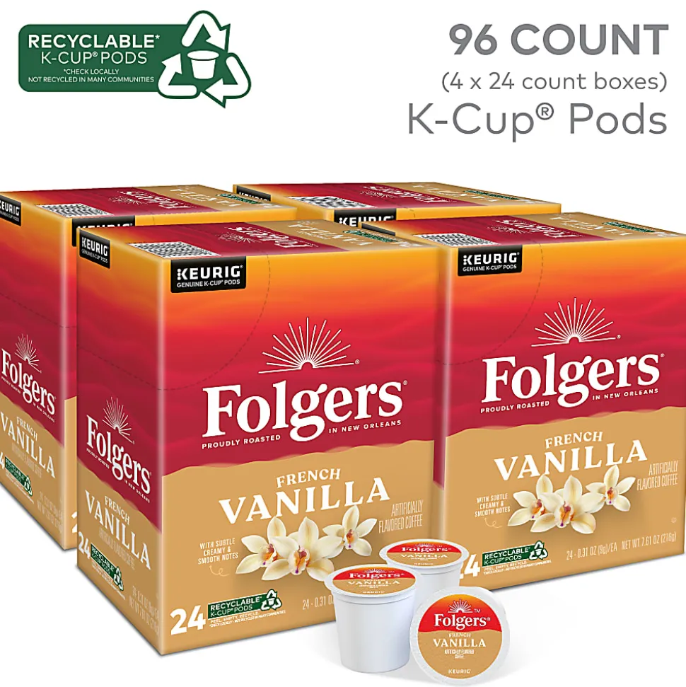 Folgers French Vanilla Keurig Single Serve K-Cup Pods, 24 Pods Per Pack, Case Of 4 Packs
