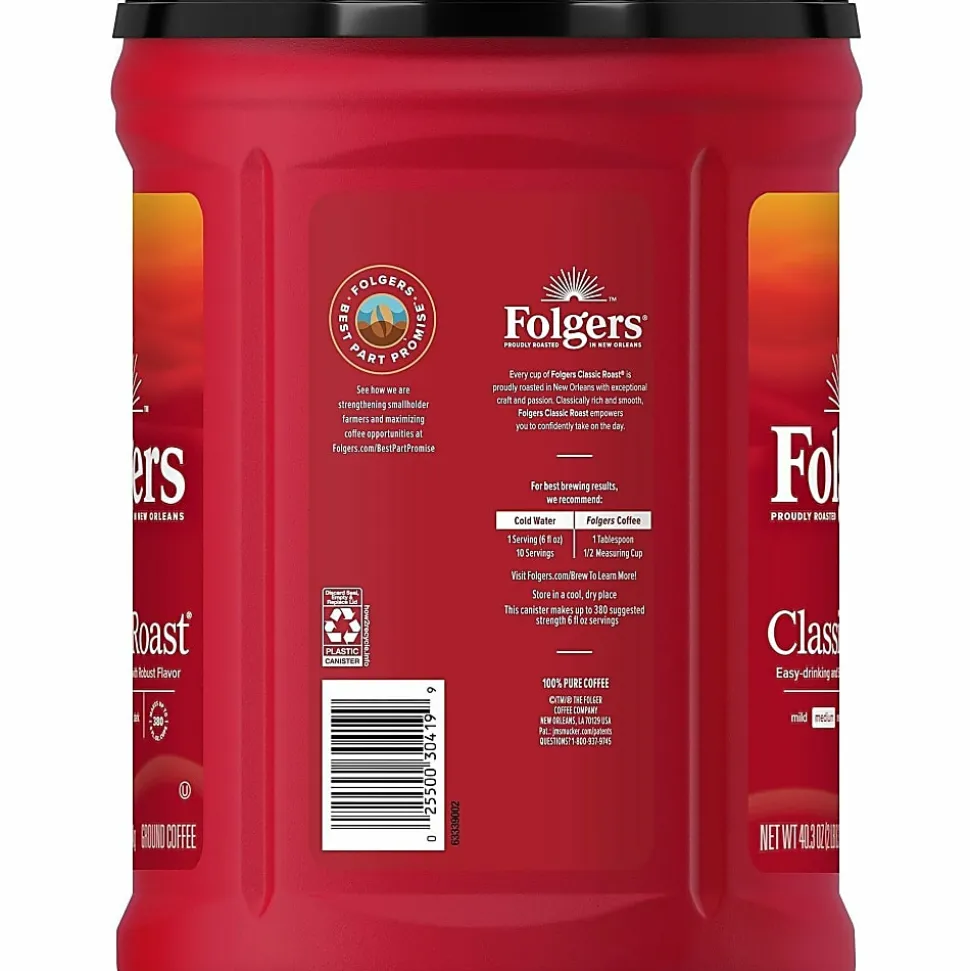 Folgers® Ground Classic Roast Coffee - Medium - 40.3 oz Per Canister - Ground - Mountain Grown, Classic Roast - Kosher/ - 35 / Pallet